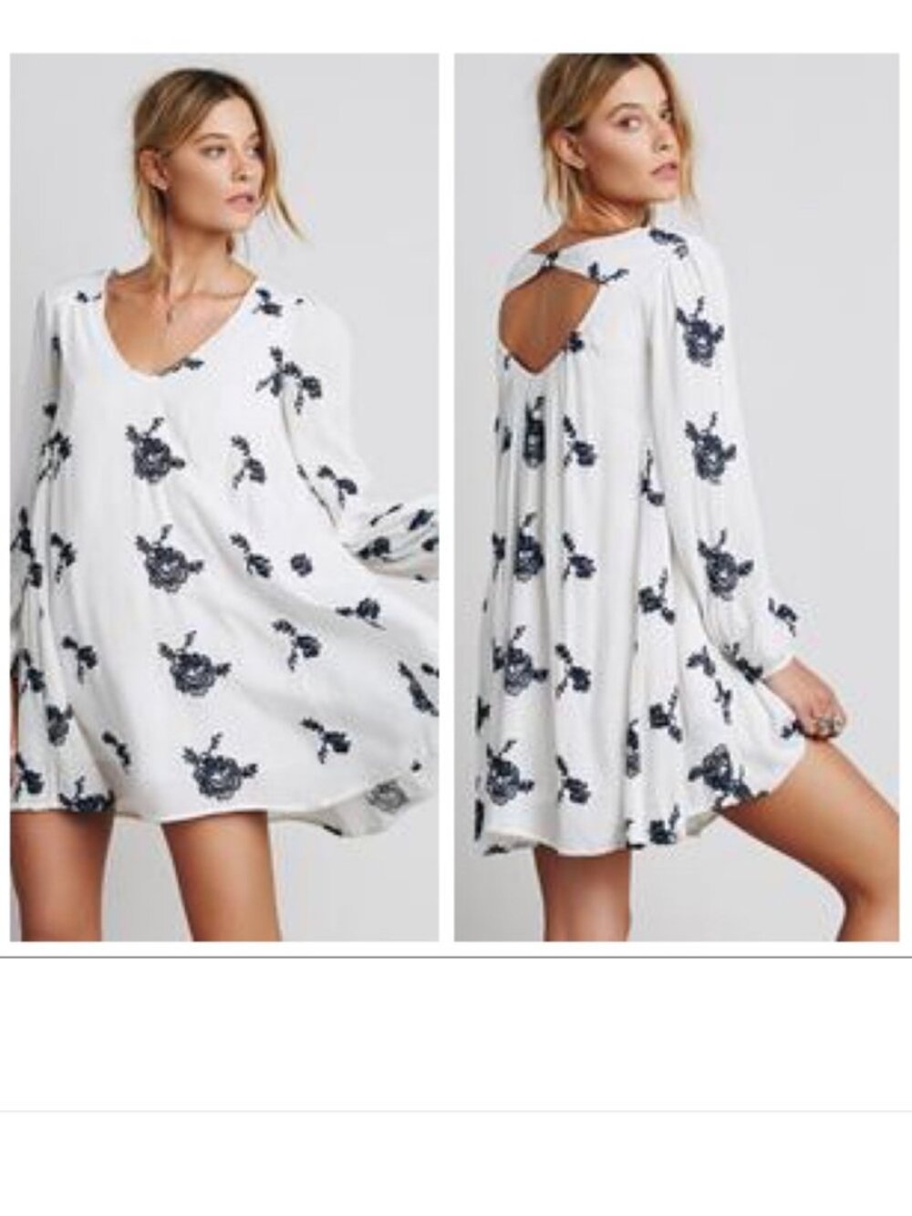 Free People White Navy Blue Embroidered Floral Print Mini Dress